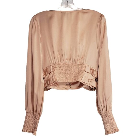 FOREVER 21 Satin Lace-Up Buckle Top L Blush Champagne Tan Nude Puff Sleeves - Picture 12 of 12